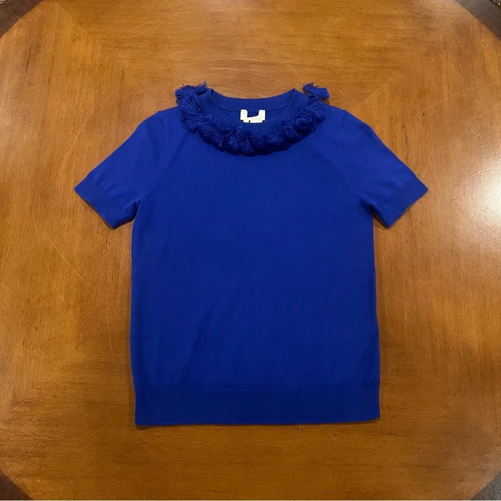NEW‎ Kate Spade New York Silk Blend Tassel Crewneck Sweater Cobalt Blue XS